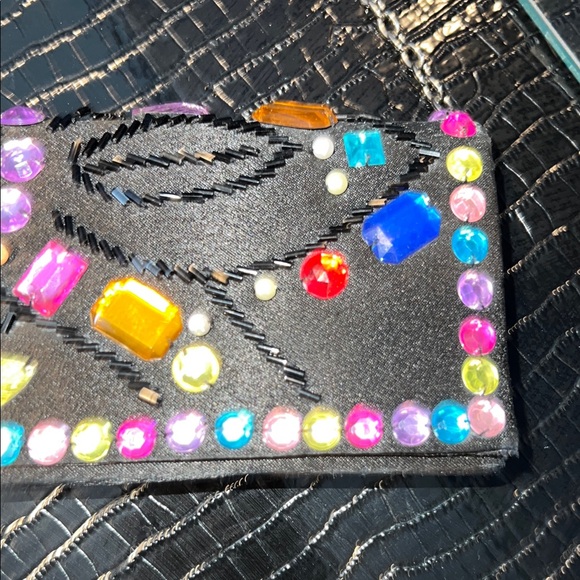 💎 Multi-Color Gemstone & Artisan Beaded Black Satin Evening Clutch 💎 - Picture 4 of 13